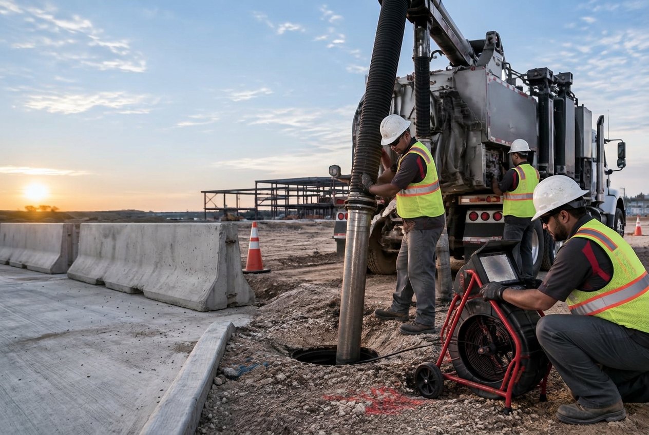 Commercial underground utility crew operating a vacuum truck and CCTV inspection reel at a Central Texas construction site