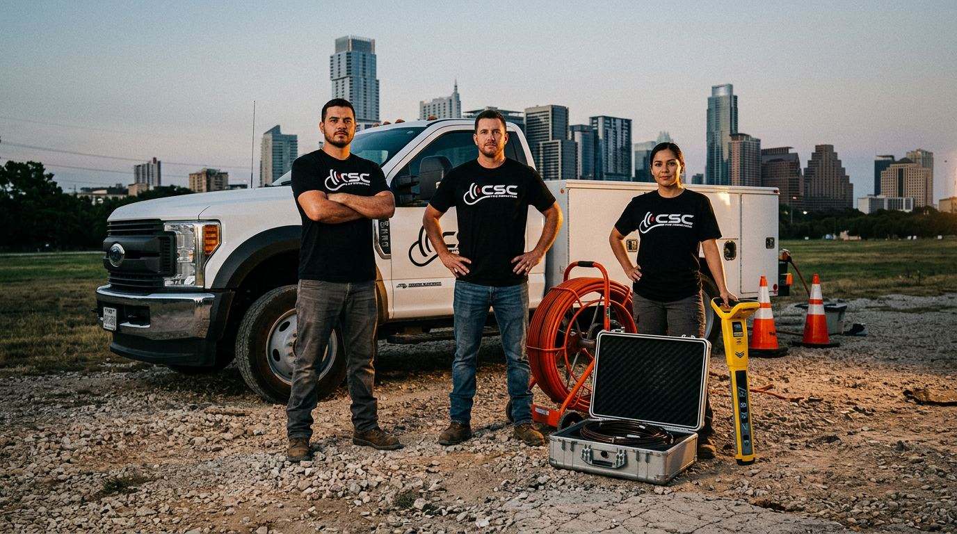 CSC Pipe Inspection crew in branded black CSC logo t-shirts working a pipe inspection and hydro-excavation job site in Austin, Texas