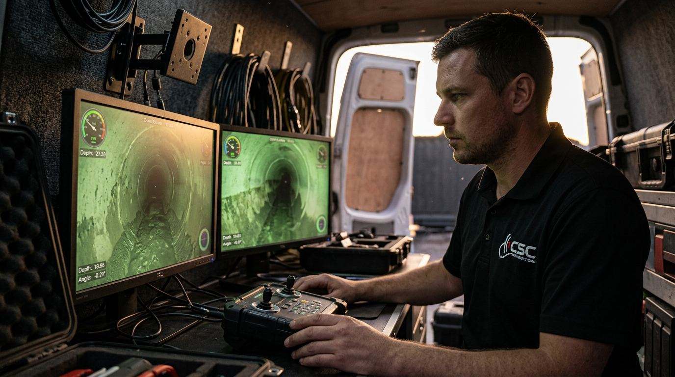 CSC technician in a branded CSC logo shirt reviewing live CCTV pipeline inspection footage on a monitor inside a marked service truck
