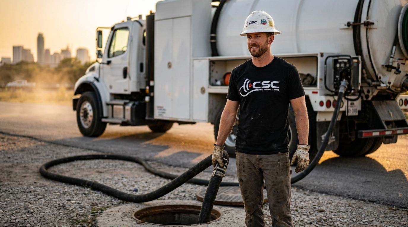 CSC Pipe Inspection hydro-excavation vacuum truck in branded livery daylighting underground utilities on a North Austin commercial job site