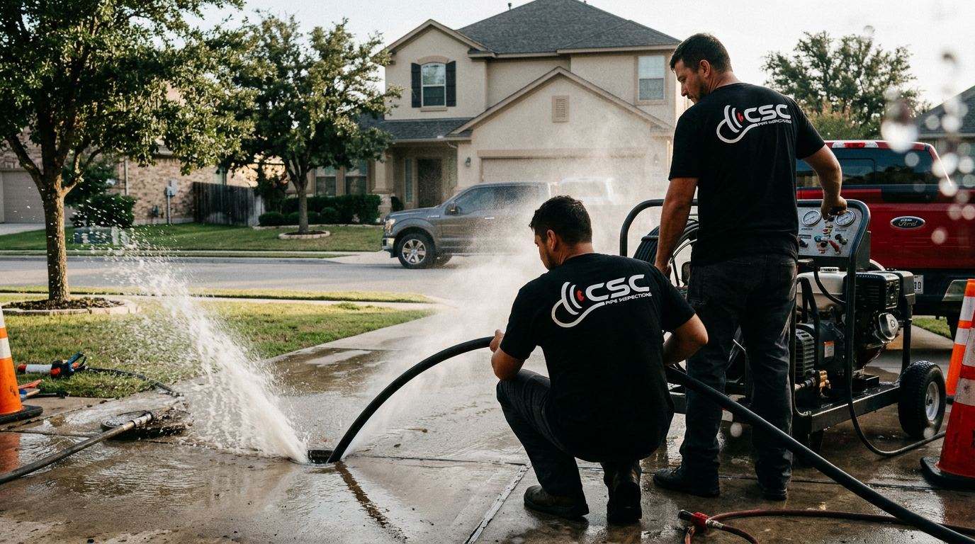 CSC crew operating a high-pressure sewer jetter with branded CSC hat and hi-vis clearing a grease-clogged sewer lateral in Cedar Park, Texas