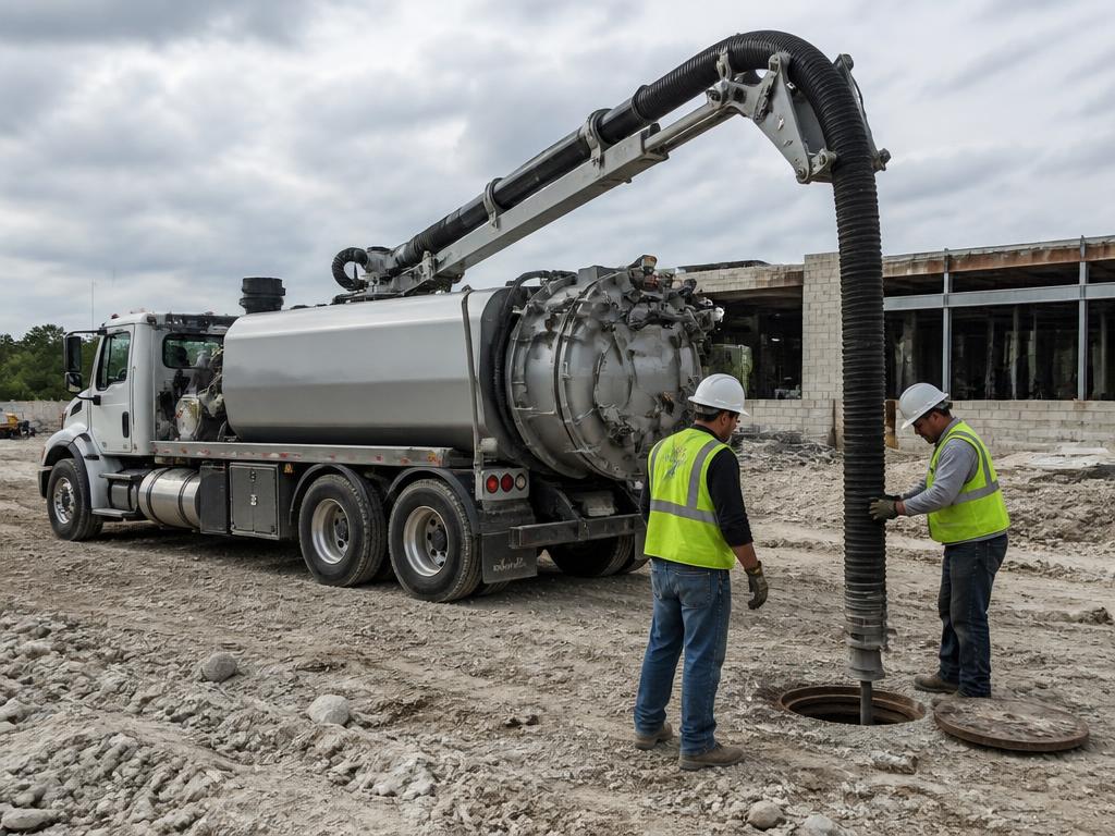 Commercial vacuum truck working on a municipal drainage structure