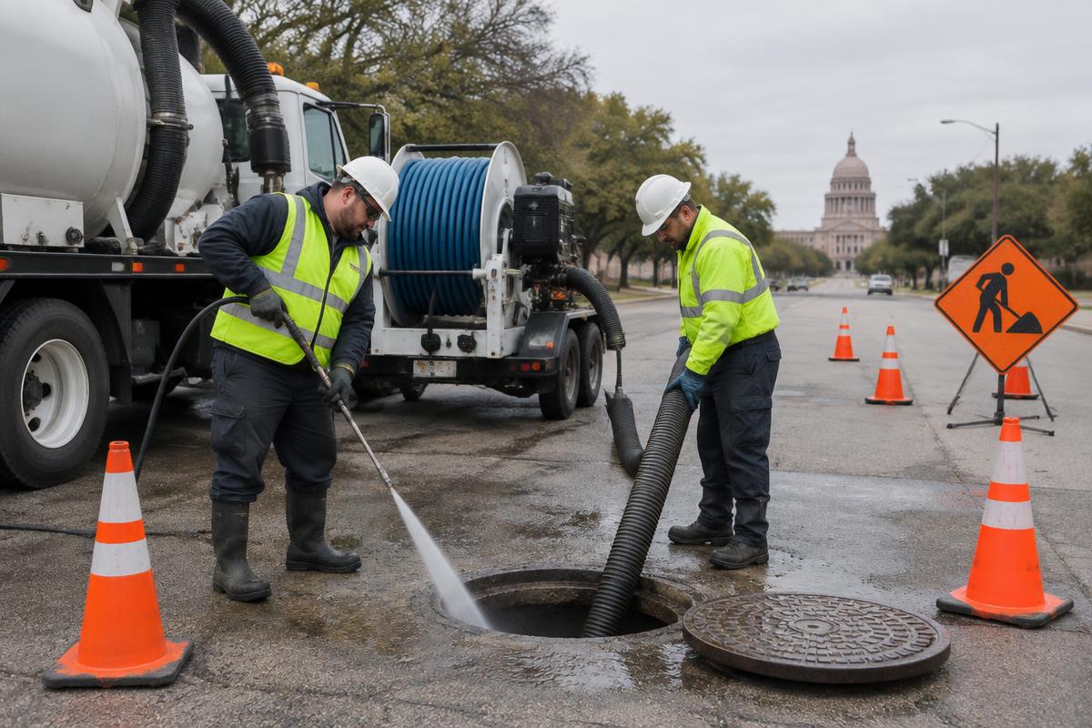 Crew cleaning a municipal sewer line with vacuum and jetting equipment