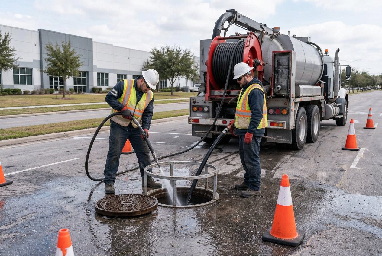High-pressure jetting hose cleaning a commercial sewer line