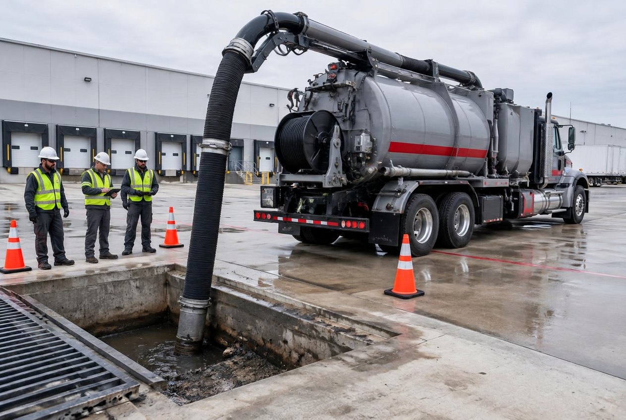Commercial vacuum truck servicing an underground utility structure
